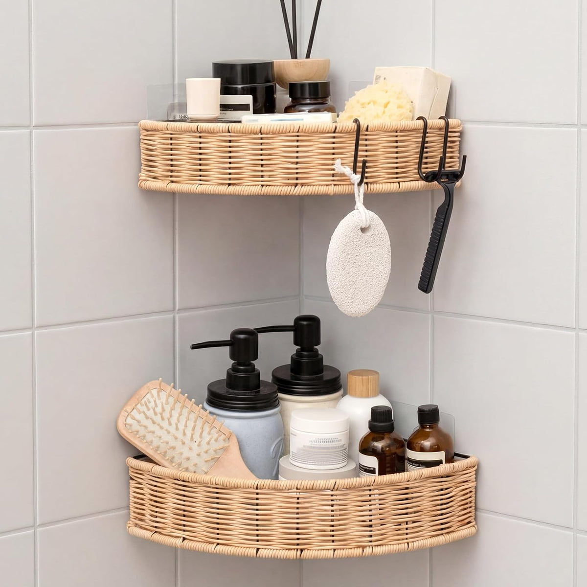 GRANNY SAYS Wicker Corner Shower Caddy Adhesive, Shower Organization