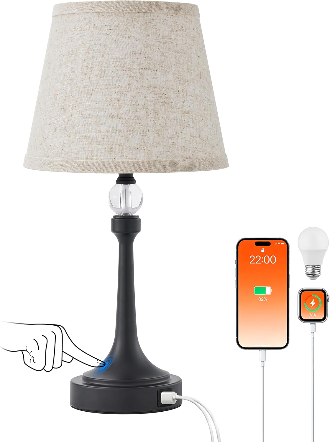 Touch Table Lamp with USB C+A Ports-Black 19.7'' 1pcs