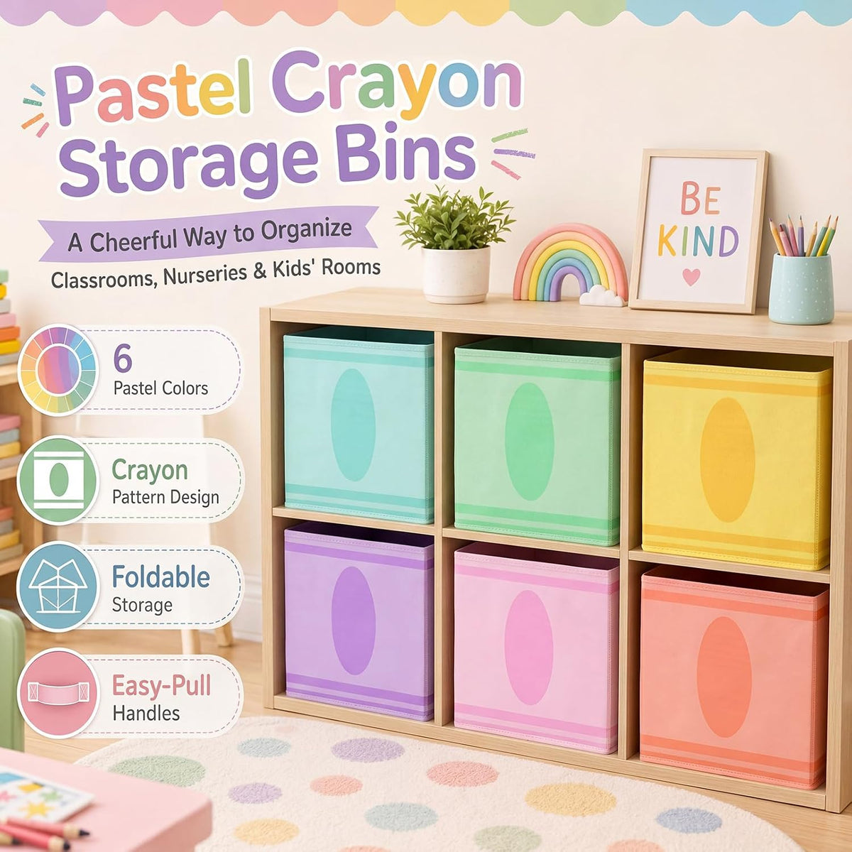 Glooglitter 6 Pack 11 Inch Crayon Fabric Storage Cube with Handles Pastel Collapsible Bin Classroom Must Have Foldable Colorful Closet Bin Basket for Nursery Classroom School Playroom Shelves
