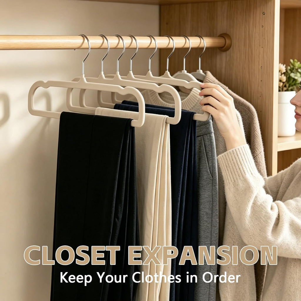 50 Pack Velvet Pants Hangers Non Slip, Velvet Hangers Space Saving for Closet, Strong Durable Clothes Hanger with 360° Swivel Hook, Ultra Soft Flocked Hanger for Pants Jeans Shirts Bra Shorts (Cream)