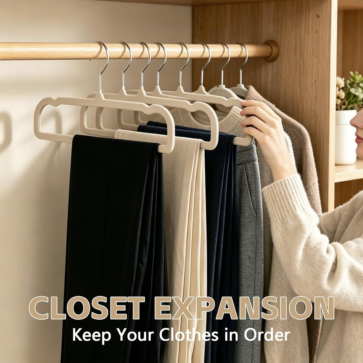 50 Pack Velvet Pants Hangers Non Slip, Velvet Hangers Space Saving for Closet, Strong Durable Clothes Hanger with 360° Swivel Hook, Ultra Soft Flocked Hanger for Pants Jeans Shirts Bra Shorts (Cream)