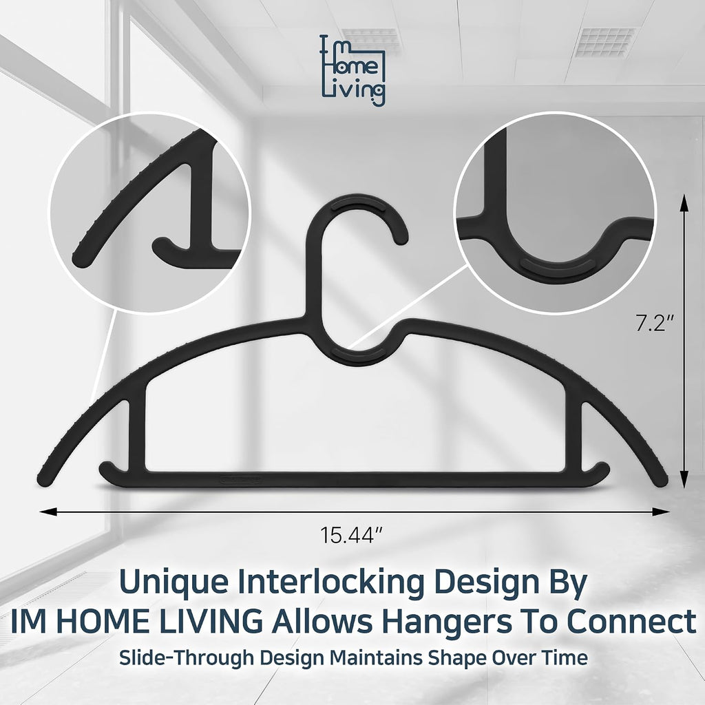 15" Compact Slim & Slimlink Interlocking Clothes Hangers, Space-Saving Lightweight Plastic Hangers for Small Closets, Dorms, Apartments, Travel, RVs & Petite Clothing (Black, 30)