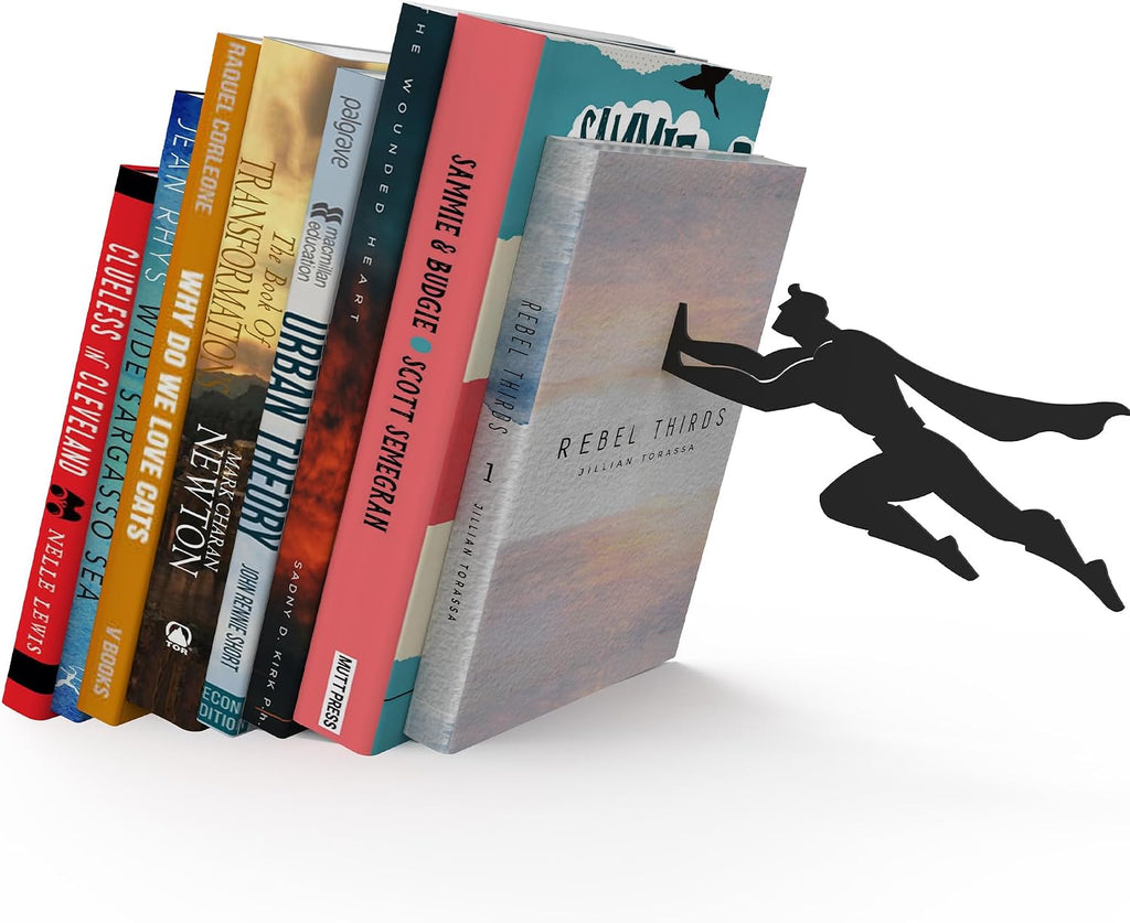 Artori Design Superhero Bookends & Floating Shelf Bundle – Hidden Metal Bookends & Invisible Wall Shelf – Heavy-Duty, Decorative Bookshelf Organizer for Comic Book Lovers, Kids, Teens & Adults