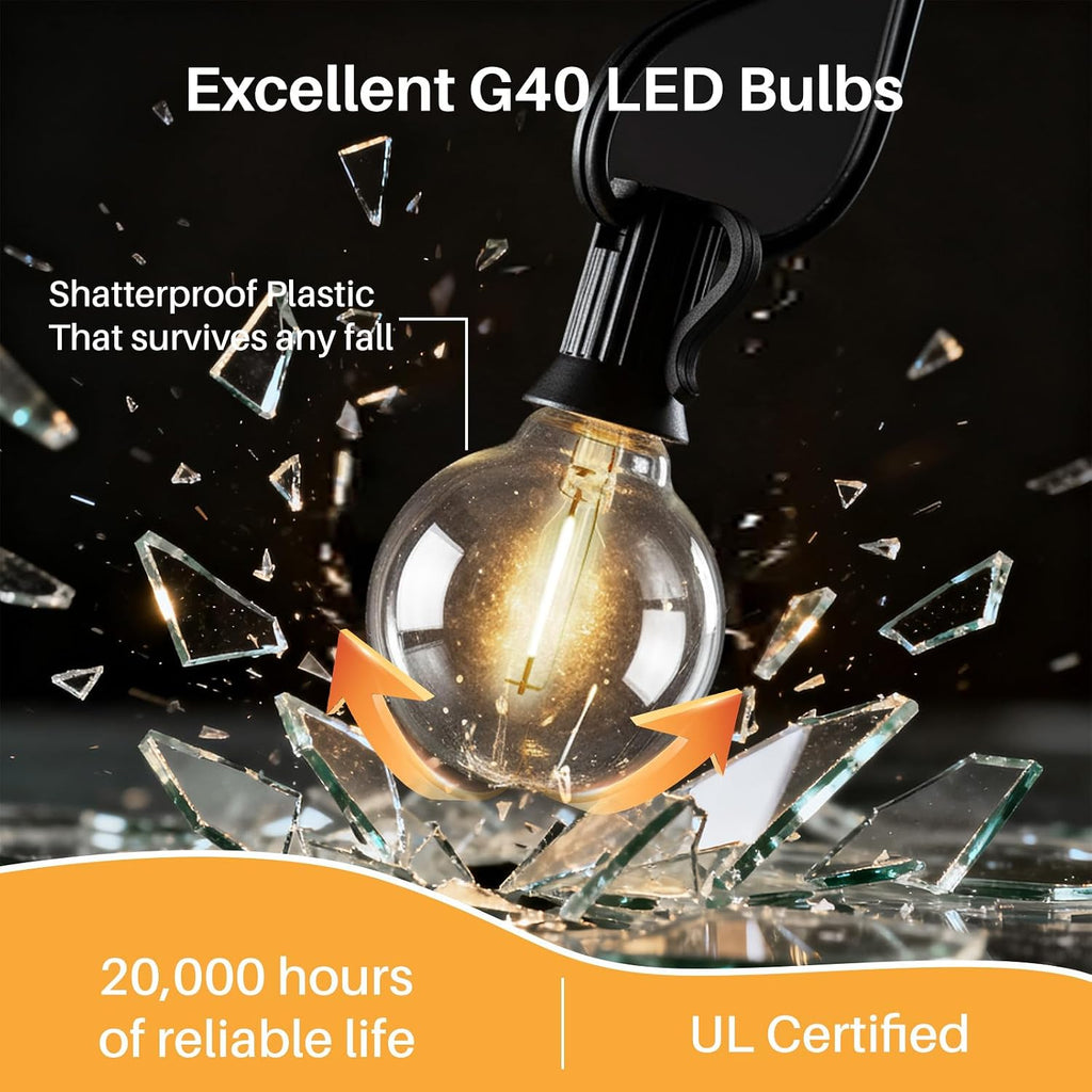 50 FT 2700K Outdoor String Lights,26 Plastic Edison Bulbs, E12 Base