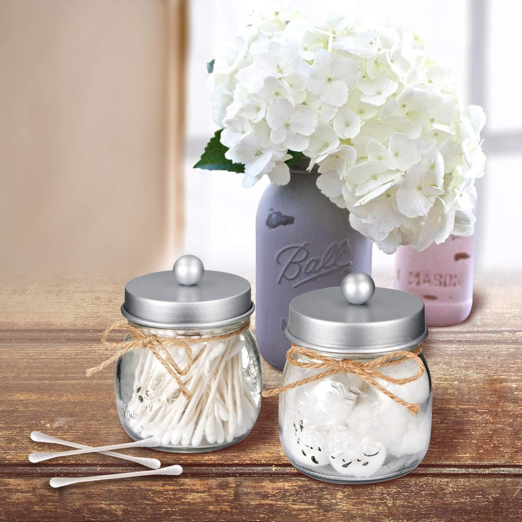 SheeChung 2 Pack Glass Mason Jar Qtip Holder Dispenser,Frosted Silver Lids