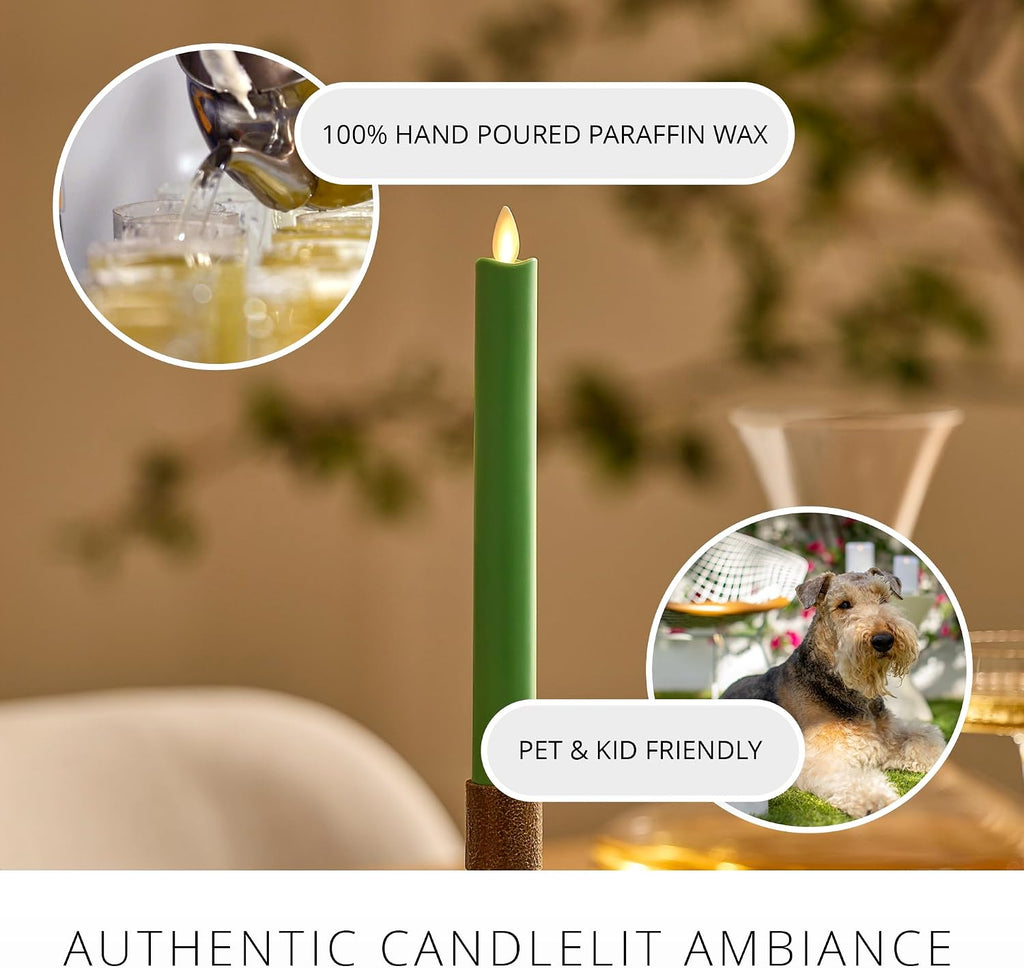 Luminara Flameless Candle Taper (1" x 9.5") Melted Top Real Wax Unscented Remote Ready Timer (Vibrant Green)