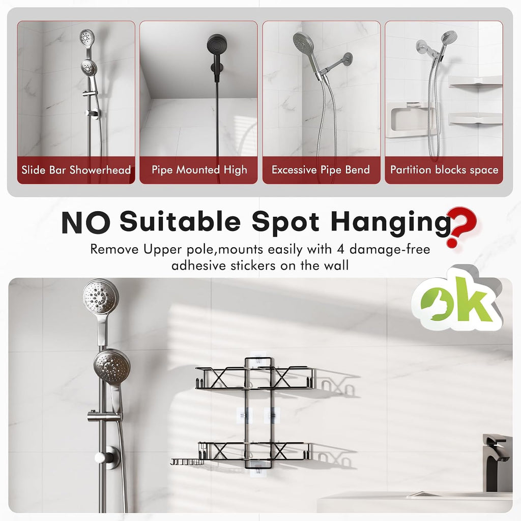Sewulidon Stainless Steel Hanging Shower Caddy for Handheld Shower Heads,Adjustable Height Extra Long Bathroom Shower Organizer Hanger Rack with Hooks,Soap Holder