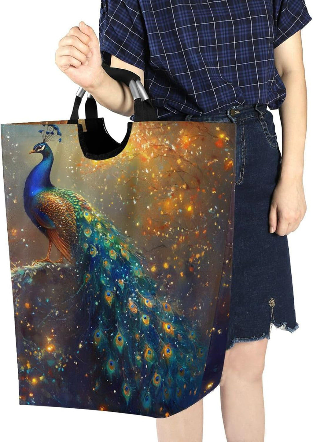 Large Laundry Hamper, Peacock Christmas Atmosphere Laundry Basket Foldable Clothes Bag with Handle Foldable Washing Bin