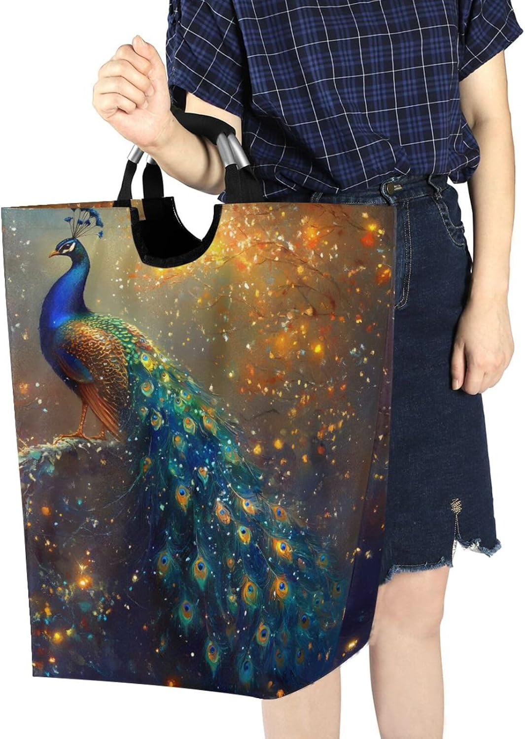 Large Laundry Hamper, Peacock Christmas Atmosphere Laundry Basket Foldable Clothes Bag with Handle Foldable Washing Bin