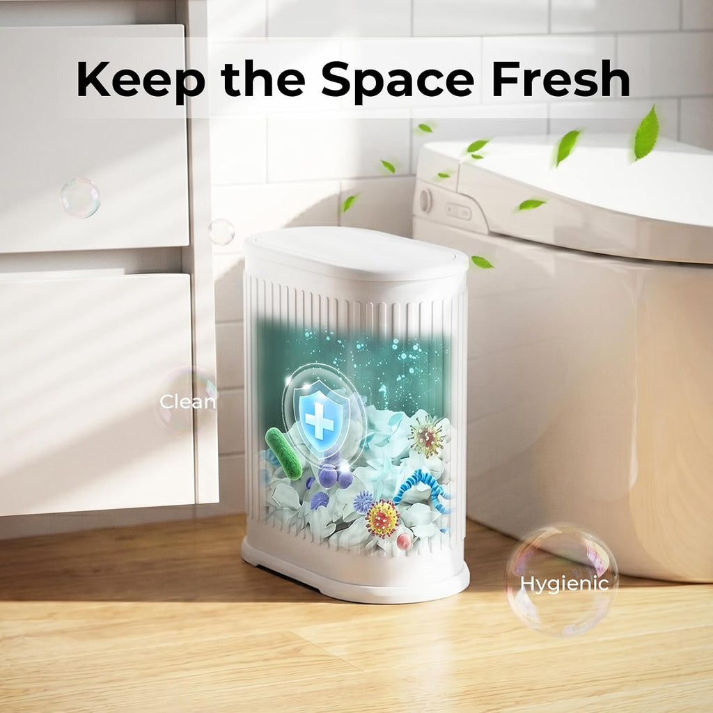 1.8 Gallon Small Bathroom Trash Can with Lid, Press-Top, Slim, White