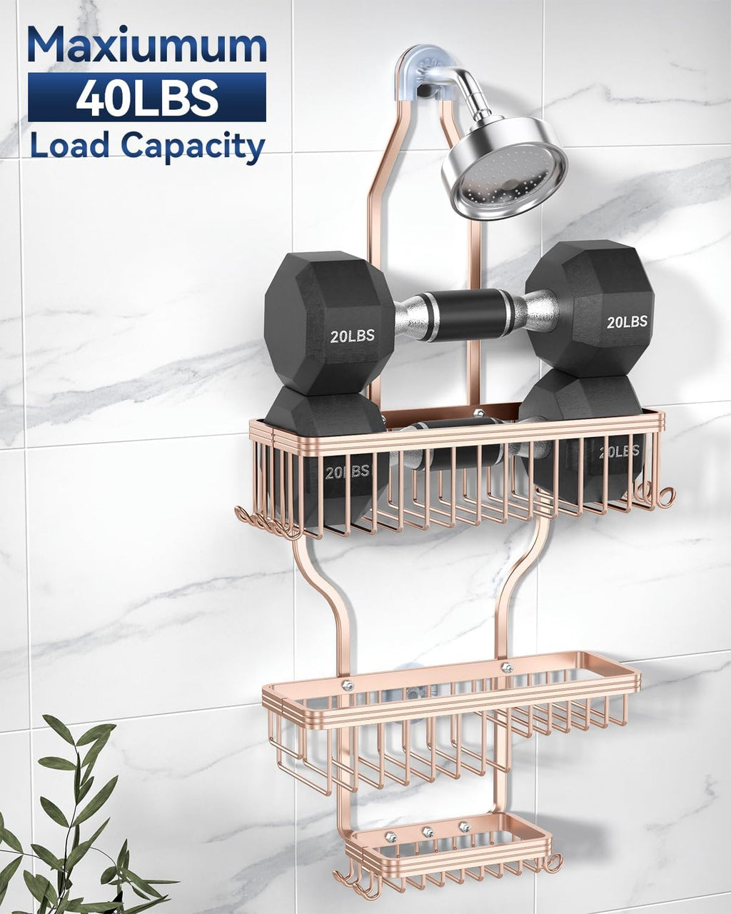 YASONIC Never Rust Shower Caddy Hanging, Aluminum Shower Racks for Inside Shower, 3-Tier Shower Organizer Hanging Over Shower Head with Hooks and Soap Holder, Rose Gold