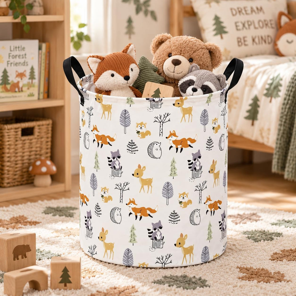 Autumn Animal Storage Basket with Handles, Woodland Animal Storage Basket for Kids' Room, Foldable Laundry Hamper
