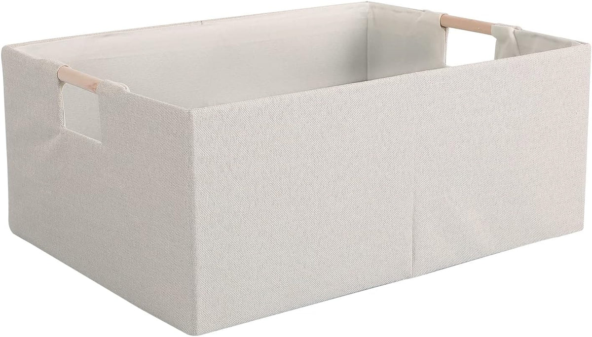 Fabric Storage Bin Box Foldable Cotton Linen Storage Basket with Wooden Handles Rectangular Cube Decorative Home Laundry Organizer Clothes Blanket Container – Beige, Medium