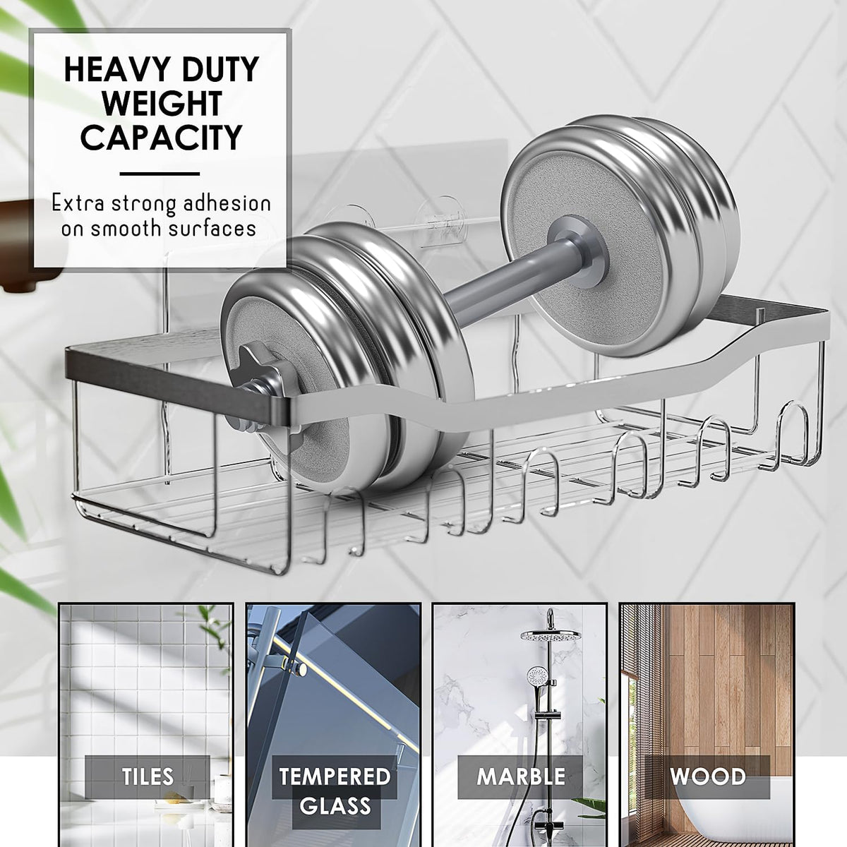 Clara Clark Shower Caddy Adhesive Organizer - Large Capacity Shower Rack, Rustproof Stainless Steel Shelves for Bathroom Storage & Home Decor