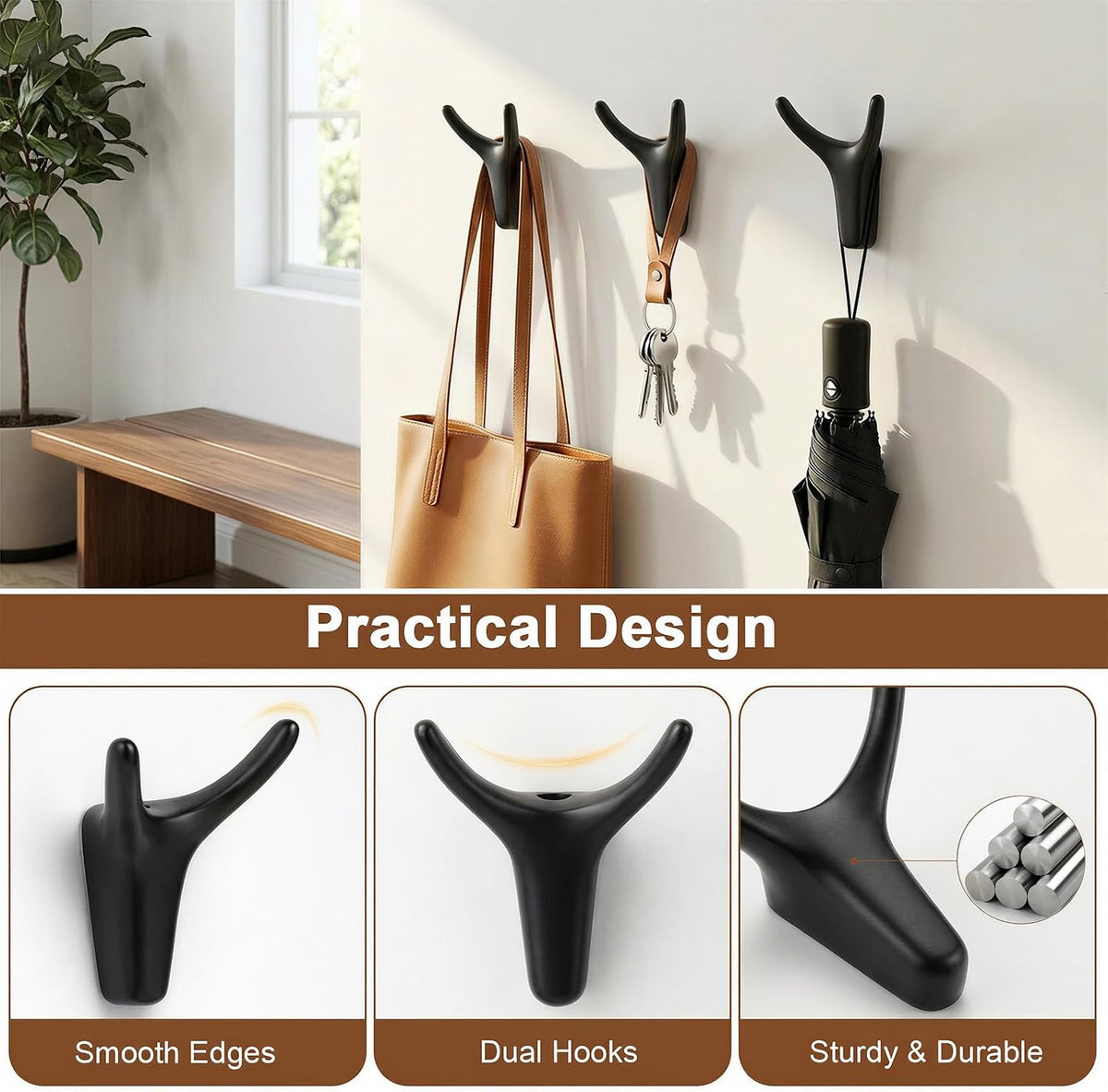 POZEAN 8 Pack Antler Wall Hooks for Hanging, Matte Black Heavy Duty Coat Hooks Wall Mounted for Coats Hats Bags Keys, Decorative Deer Antler Metal Hook for Entryway Mudroom Bathroom Bedroom (8, Black)