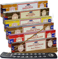 Satya Incense Sticks Variety Pack #10 and Holder Bundle with 6 Classic Fragrances Sandalwood Dragon's Blood Palo Santo White Sage