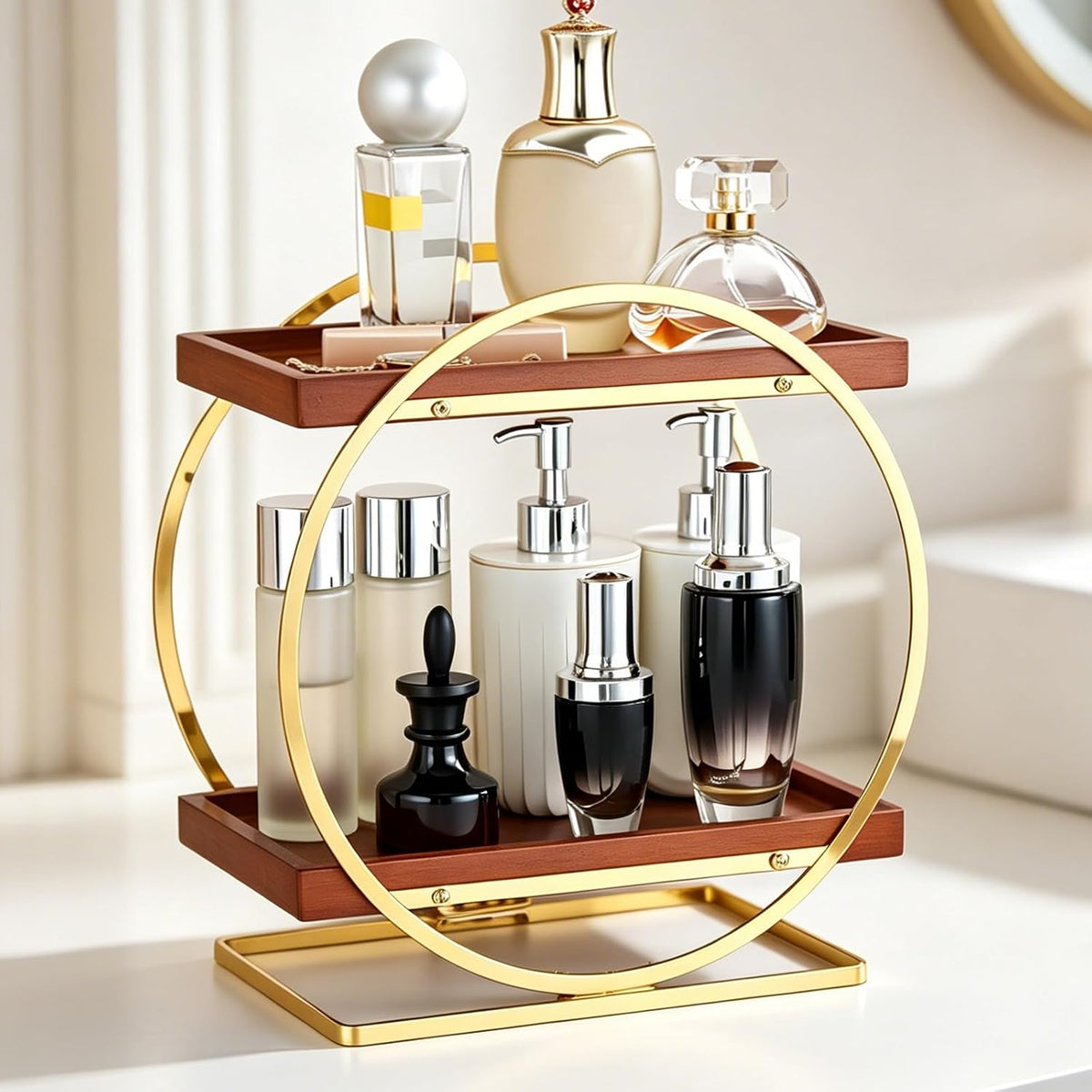 2-Tier Bathroom Organizer Countertop, Wooden Gold Perfume Organizer