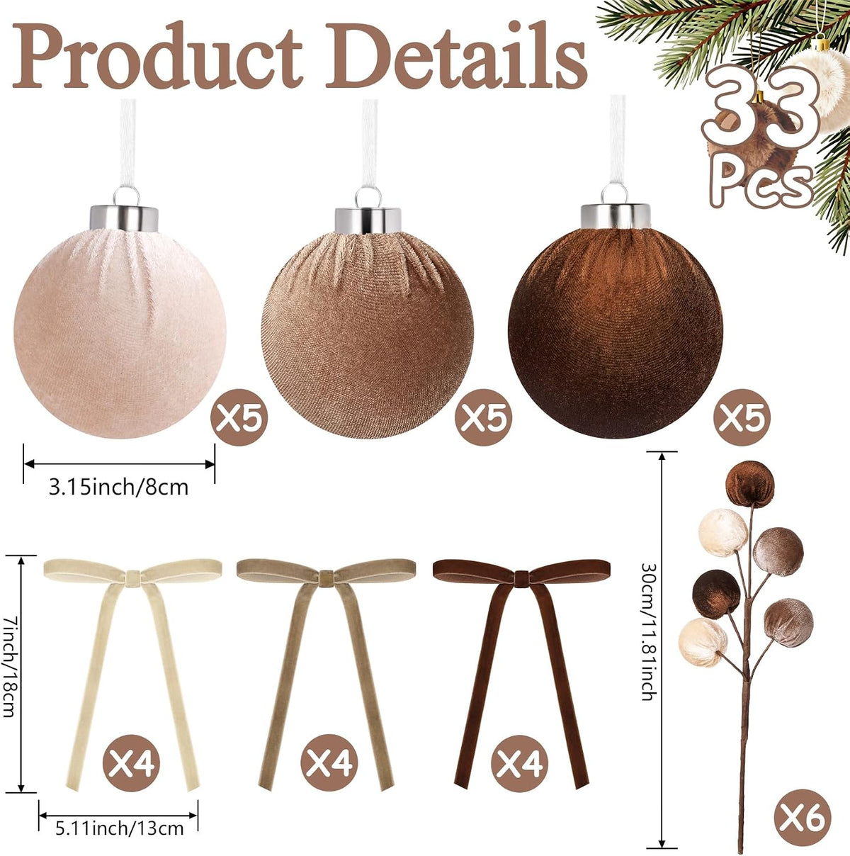Ouddy Decor 33 Pcs Velvet Neutral Christmas Ornaments Set, Brown & Beige