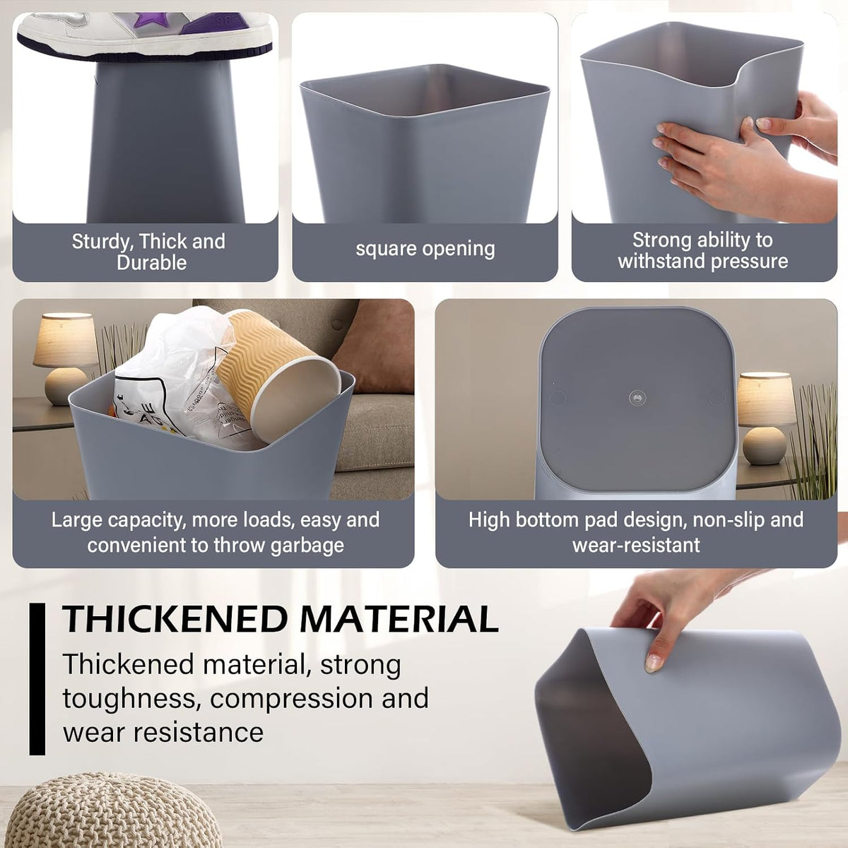 Hoolerry 9 Pieces Garbage Can 2 Gallon Small Trash Cans Bulk Bathroom Trash Bin Plastic Wastebasket Square for Bedroom Slim Bathroom Trashcan Small Container for Kitchen Office Home Rooms(White,Grey)