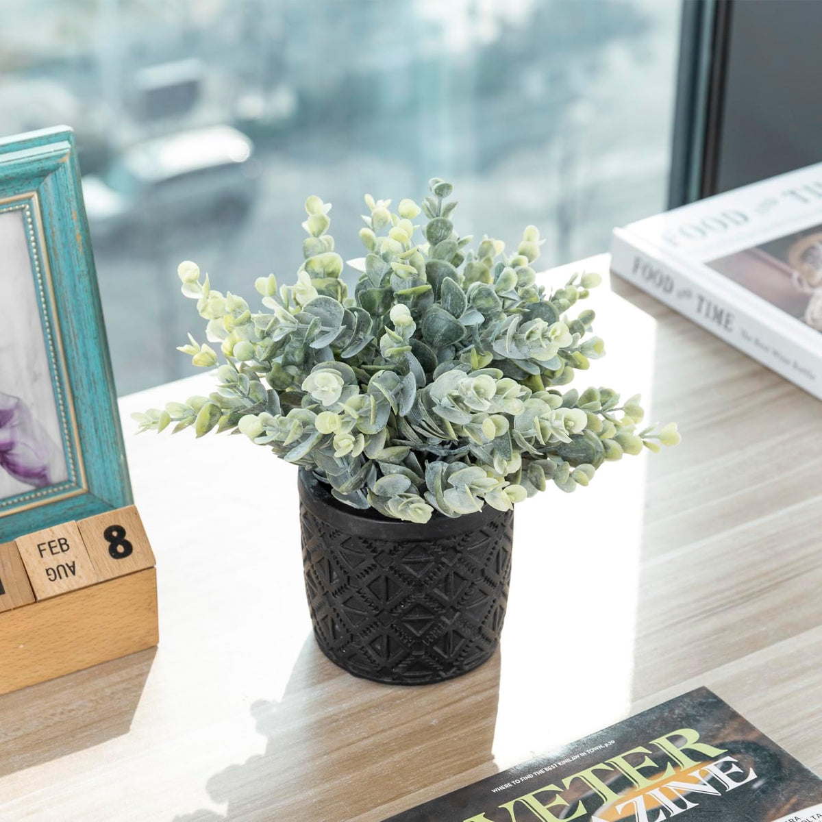MyGift Black Artificial Eucalyptus Plant Gray Concrete Embossed Planter