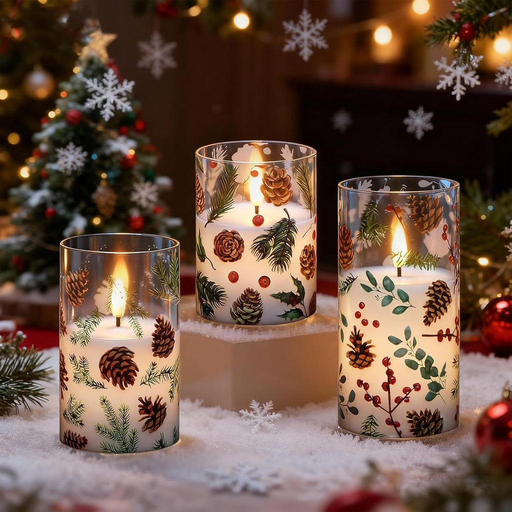Christmas Pinecone LED Glass Flameless Candles Battery Operated Remote