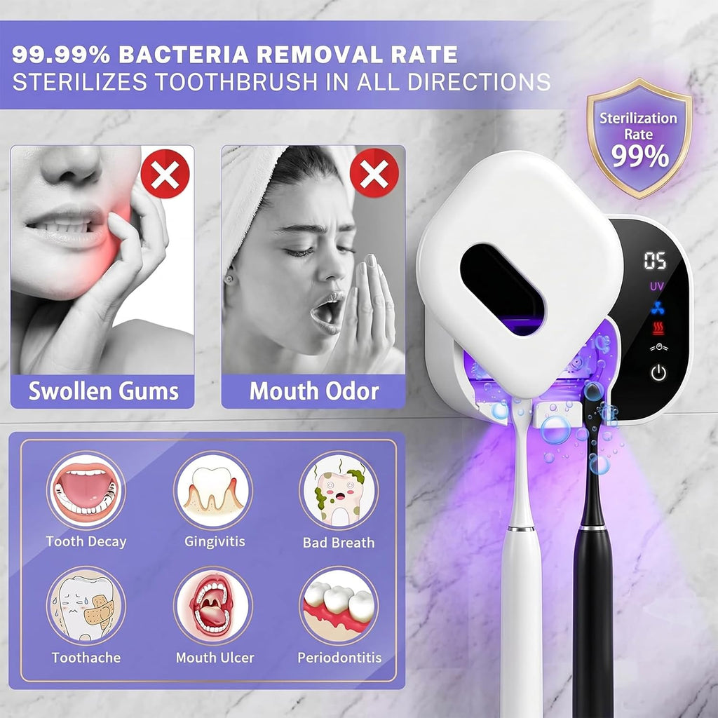 Toothbrush Holder for Bathroom, Infrared Sensing Toothbrush Cleaner with 2 Slots for Most Toothbrush Sizes, Wall Mounted Tooth Brush Holder with LED Smart Display & Hot Air Drying for Travel (White)