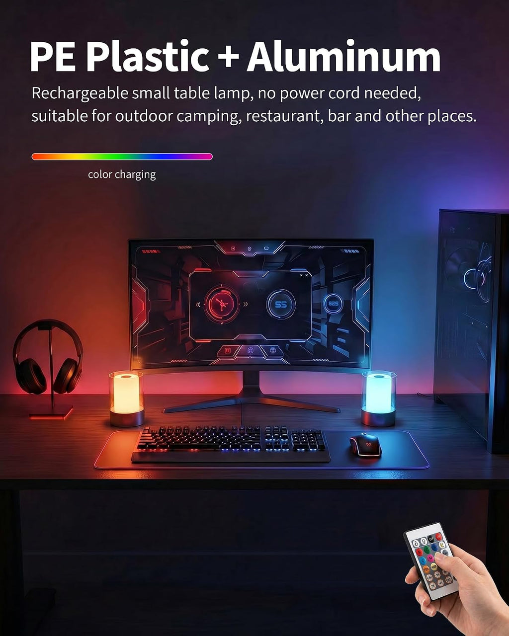 4" RGB Black Cordless Table Lamp 2, Small Outdoor Rechargeable Lamp