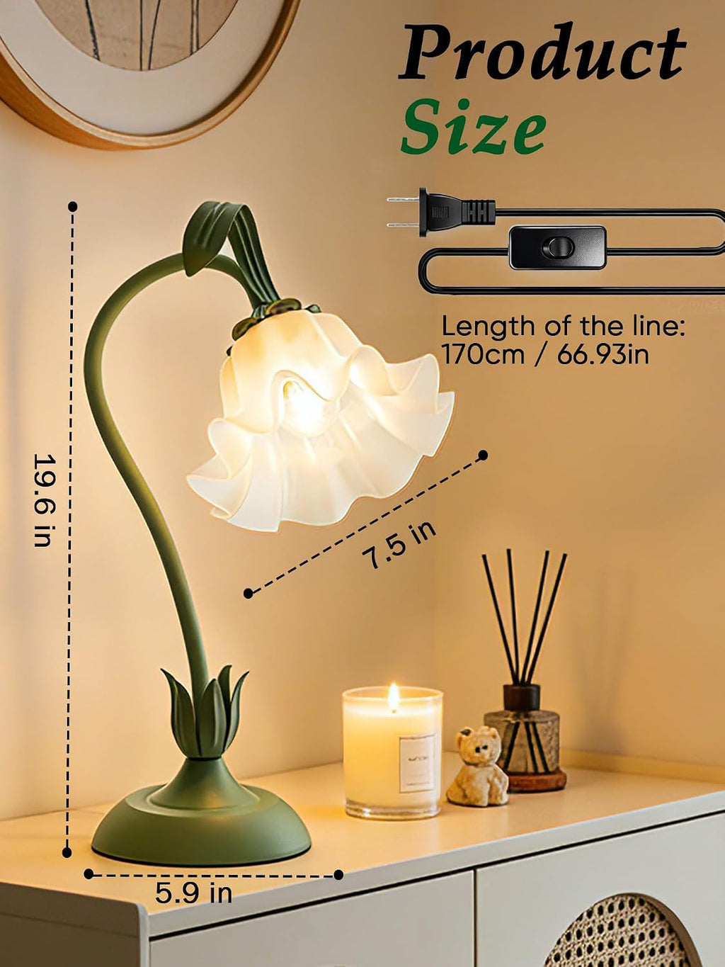Bedside Table Lamp for Bedroom, Vintage Flower Table Lamps, LED Reading Light 3 Color Modes Bedside Lamps, Nightstand Lamp Kawaii Desk Lamps for Bedroom Living Room Home Decoration(Green lamp)