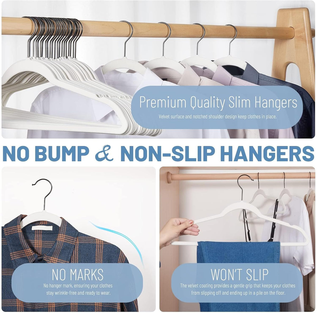 HOUSE DAY White Velvet Hangers 60 Pack, Non Slip Felt Hanger +Black Hook