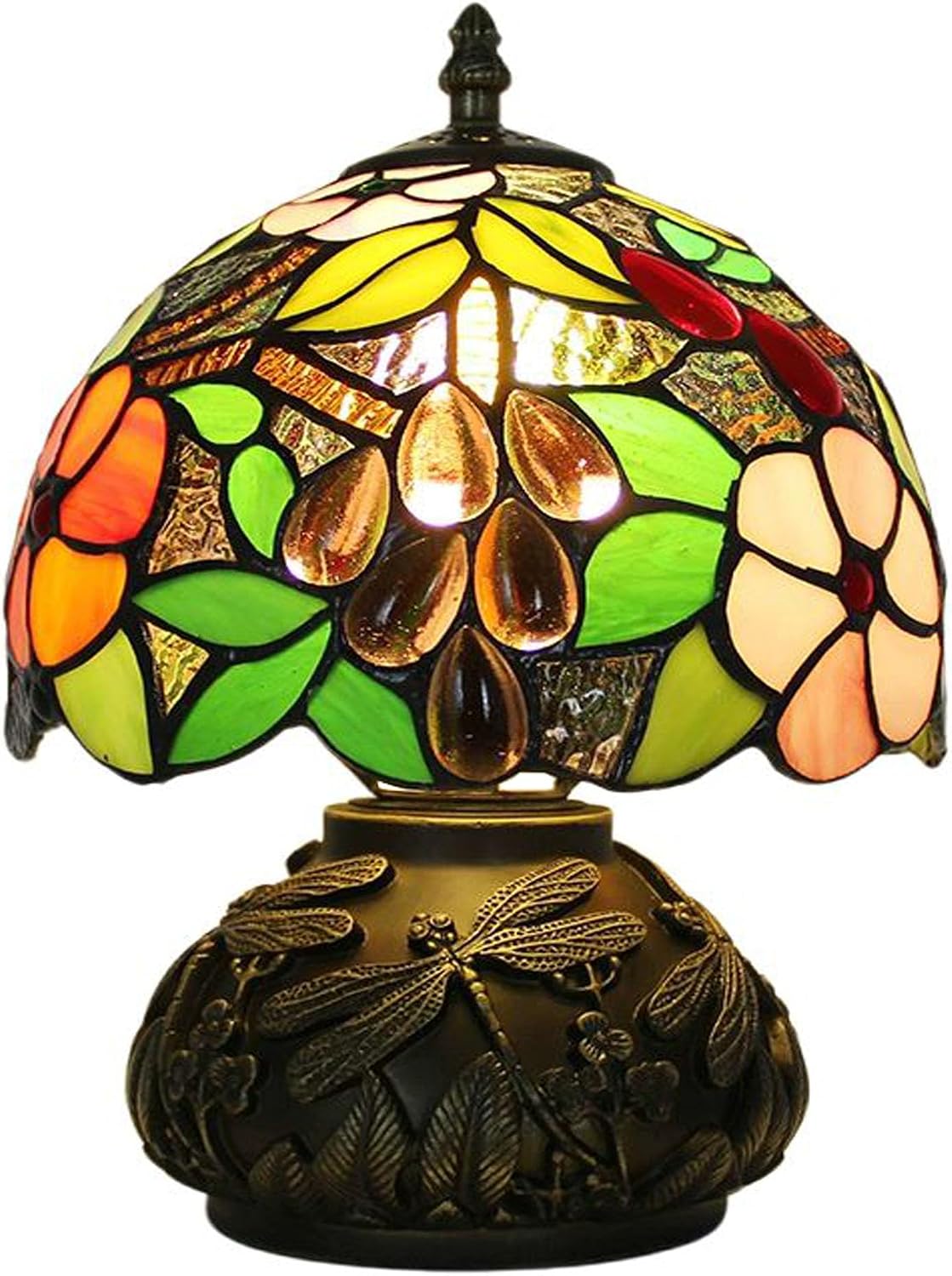 Tiffany Table Lamp 3-Way Stained Glass Style Bedside Reading Lamp Village Bedroom Nightstand Light 12inch Tall Office Home Decor Retro Unique Accent Lamp (Grapes Leaves)