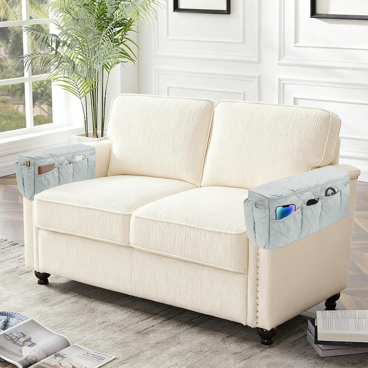 Remote Control Holder for Armchair, TV Remote Holder Arm Chair Caddy for Recliner, Non-Slip Couch Caddy Recliner Arm Caddy Sofa Armrest Organizer with 14 Pockets for Phone, Magazine, Light Grey