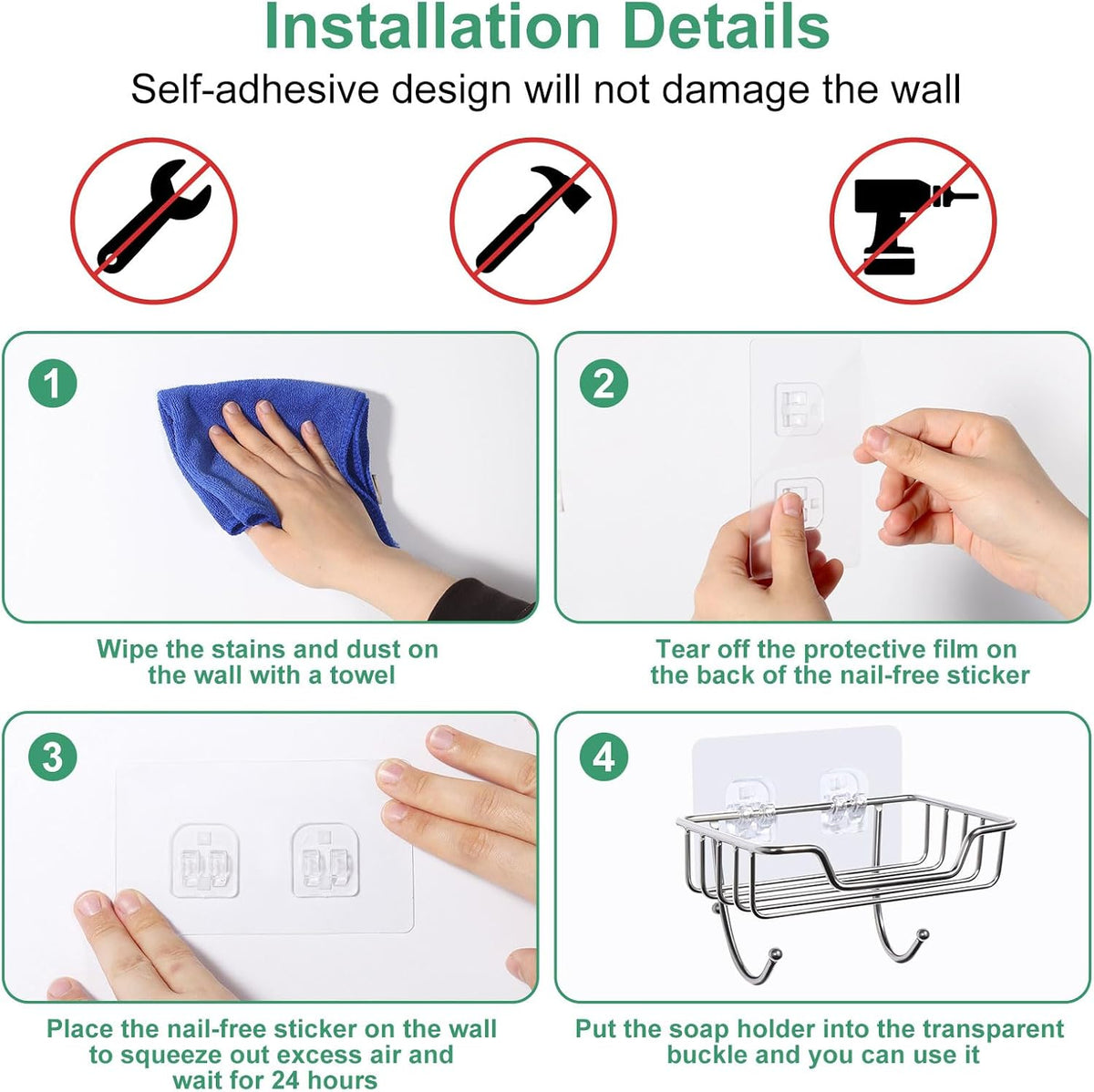 Uten Soap Dish Holder, 304 Rustproof Stainless Steel, No Drilling, Wall Mounted Soap Holder Soap Tray Bar Soap Sponge Holder for Bathroom & Kitchen(Pack 2)