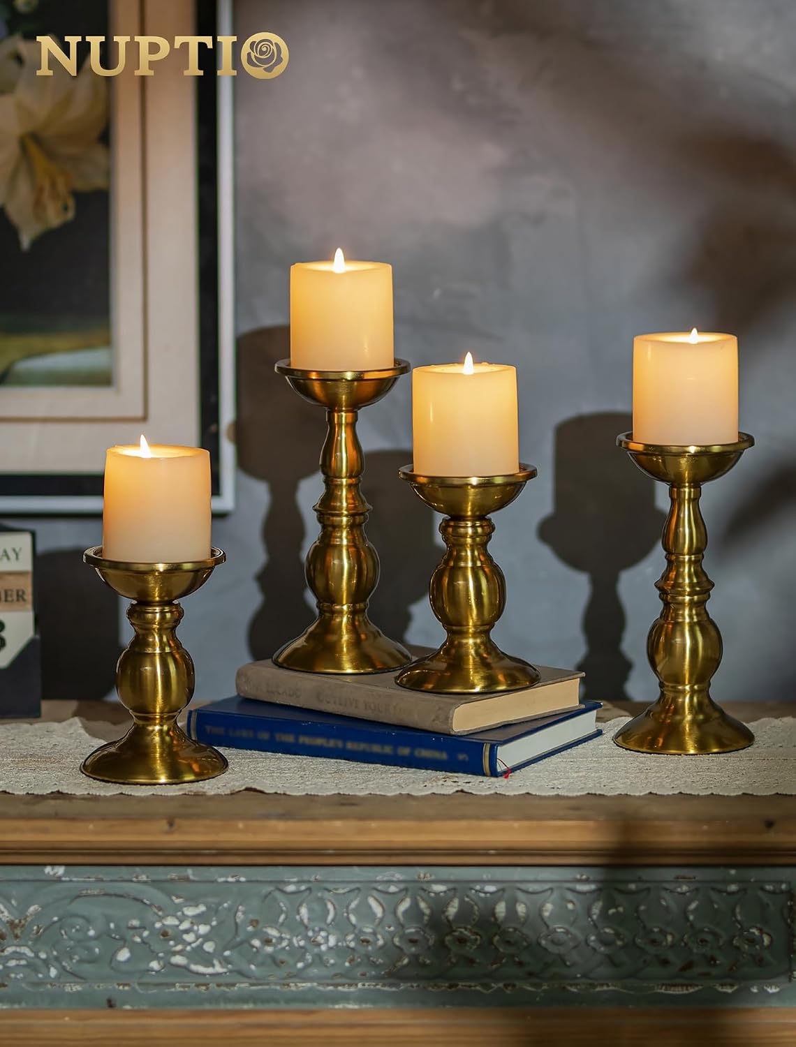 NUPTIO Gold Candle Holder for Table: Tall Brass Stand for 3" Pillars