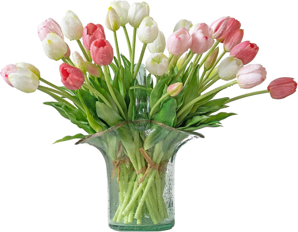 DUYONE 40Pcs Artificial Tulips Flowers, Soft Touch Realistic Latex Tulips Bouquet for Home Office Wedding Party Garden Decor, Fake Flowers for Centerpieces Dining Table Living Room Spring(White Set)