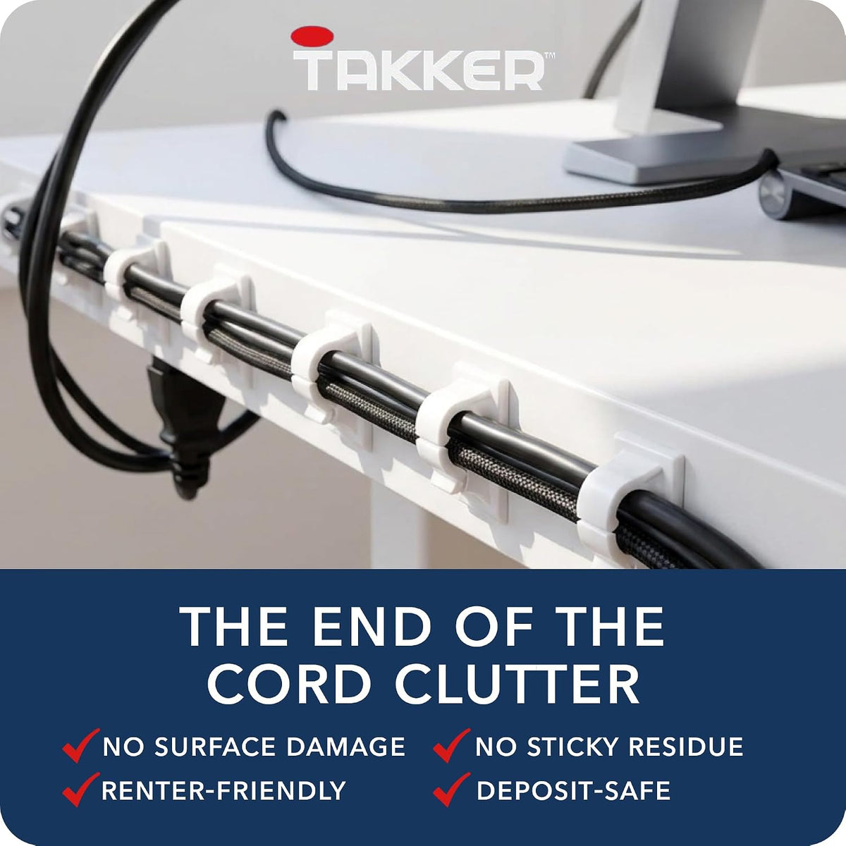 Takker - 4 x Cable Holder Tidy with 8 x Sticky Strips | Cable Hooks, Strong Adhesive, Easy Application, Damage-Free Removal, Re-Useable, No Sticky Residue, for Home, Bathroom, Kitchen, Walls