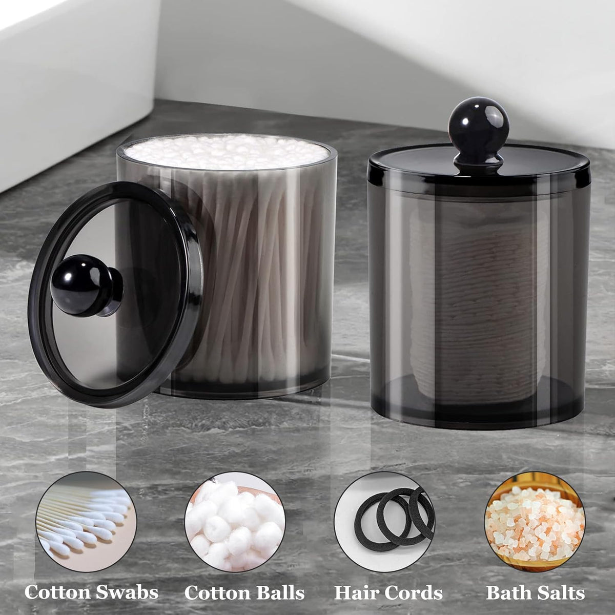 SheeChung 8 Pack Black Qtip Holder,Acrylic Apothecary Jars with Lids