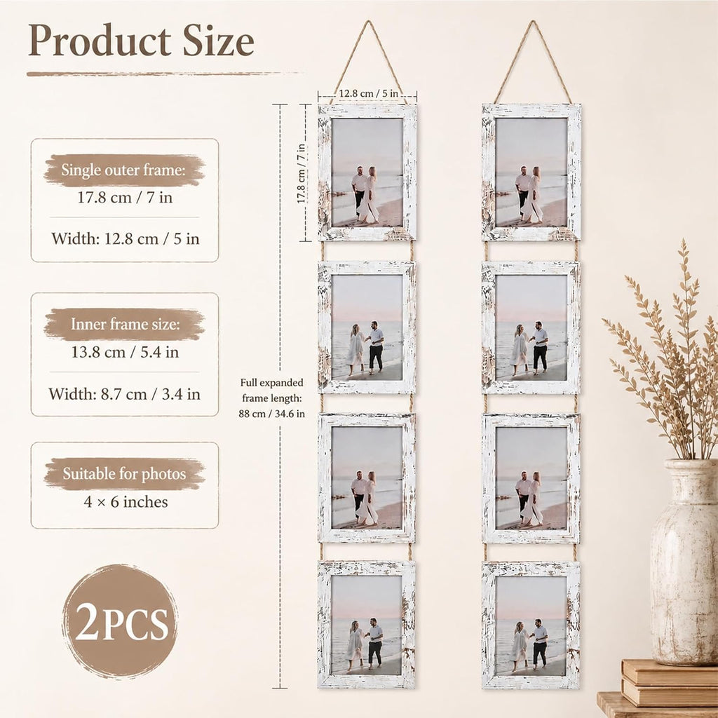 4x6 Distressed White Hanging Collage Picture Frames Set of 2, 8 Openings Collage Photo Frames Rustic Wooden Real Glass Vertical Hanging（Distressed White）
