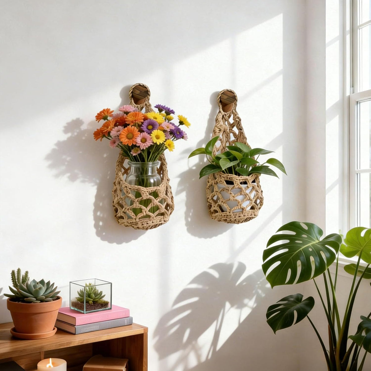 Macrame Plant Hanger Set of 2, Boho Wall Hanging Planter for up to 6" Pots