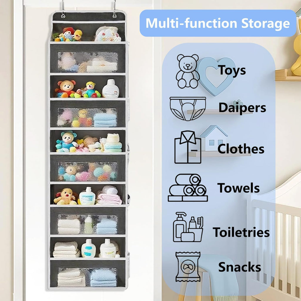 Over the Door Organizer with 5 Front Pockets and 5 Mesh Side Pockets, Extra Large Hanging Organizer for Storage in Bedroom, Bathroom, Pantry, Nursery, Black