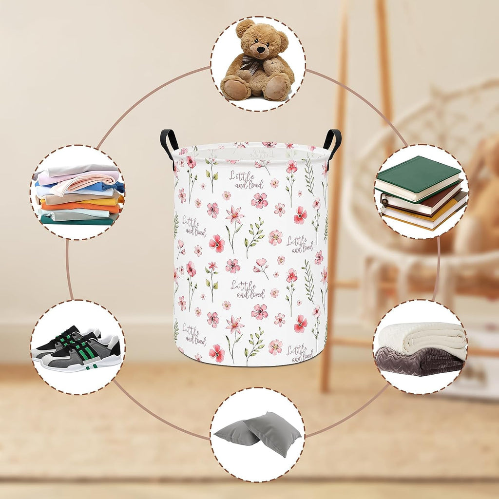 Round Laundry Hamper Large Canvas Fabric Storage Basket Pink Floral