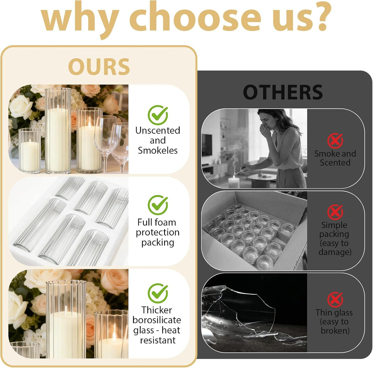 12 Pack Ivory Pillar Candles + 12 Pack Vertical Ribbed Clear Glass Cylinder Holders, Hurricane Candle Shades for Wedding, Home, Party Table Centerpieces Decor