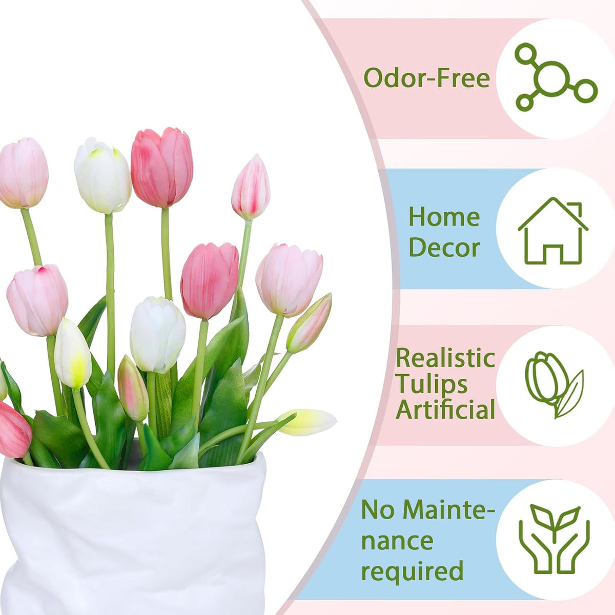 15 Pcs White-Light Pink-Light Purple Artificial Tulips Fake Flowers, Premium Latex Lifelike Texture, UV Resistant Waterproof Faux Tulip Bouquets with Snap-on Petals for Outdoor, Home, Wedding Decor