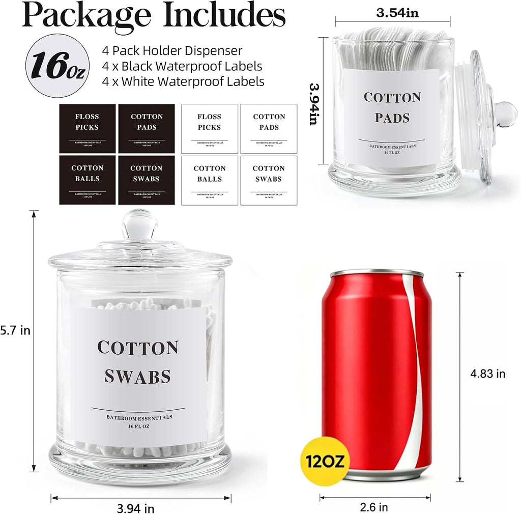 LEORAY 4 Pack Glass Qtip Holder Dispenser with Lids, Airtight Waterproof Apothecary Jars, 16 Oz Vanity Organizer Bathroom Canisters for Cotton Swabs, Balls, Pads, Floss Picks, Transparent