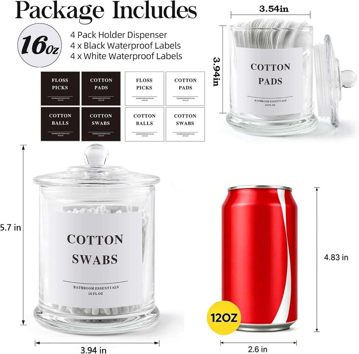LEORAY 4 Pack Glass Qtip Holder Dispenser with Lids, Airtight Waterproof Apothecary Jars, 16 Oz Vanity Organizer Bathroom Canisters for Cotton Swabs, Balls, Pads, Floss Picks, Transparent