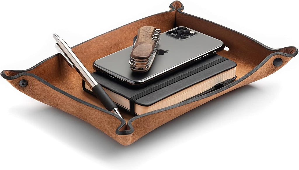 Main Street Forge Leather Valet Tray for Men – Rustic EDC Organizer for Keys, Phone & Wallet – Made in USA - Charred Oak