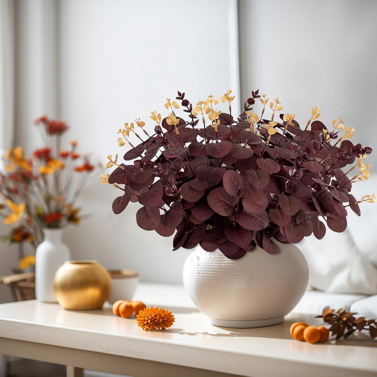 Yen Jean 20PCS Dark Wine Red Halloween Eucalyptus Stems Artificial Fake Flowers Bulk Decorations, Burgundy Branches for Indoor Table Centerpieces Party Supplies