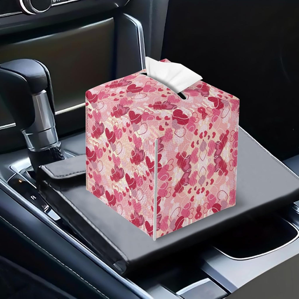 Happy Valentines Day Facial Tissue Box Cover PU Leather Square Tissue Case Dispenser 5.1"X5.1"X5.5" Organizer for Living Room Kitchen Bathroom Home Decor,Pink Love Heart