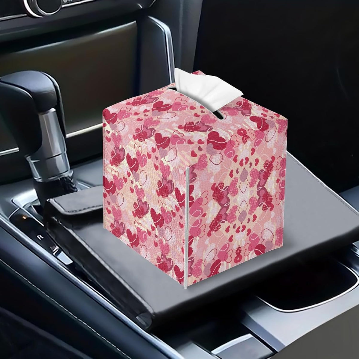 Happy Valentines Day Facial Tissue Box Cover PU Leather Square Tissue Case Dispenser 5.1"X5.1"X5.5" Organizer for Living Room Kitchen Bathroom Home Decor,Pink Love Heart