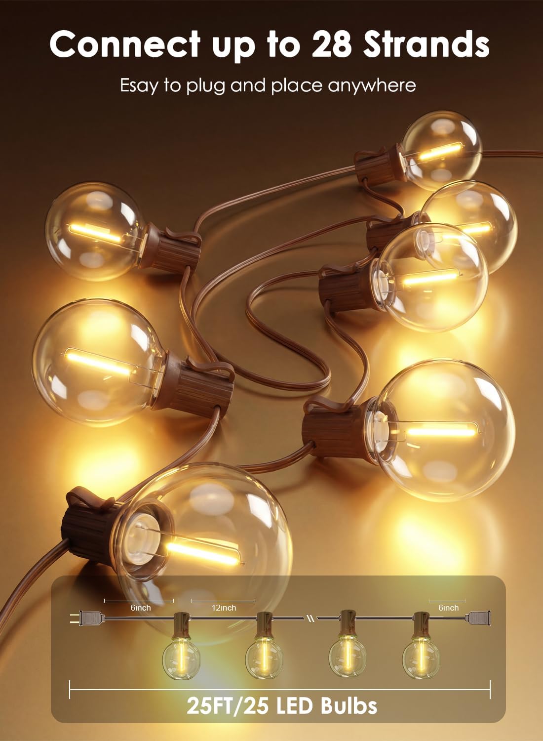 25FT G40 LED Brown Outdoor String Lights with 25 Plastic Shatterproof Bulbs