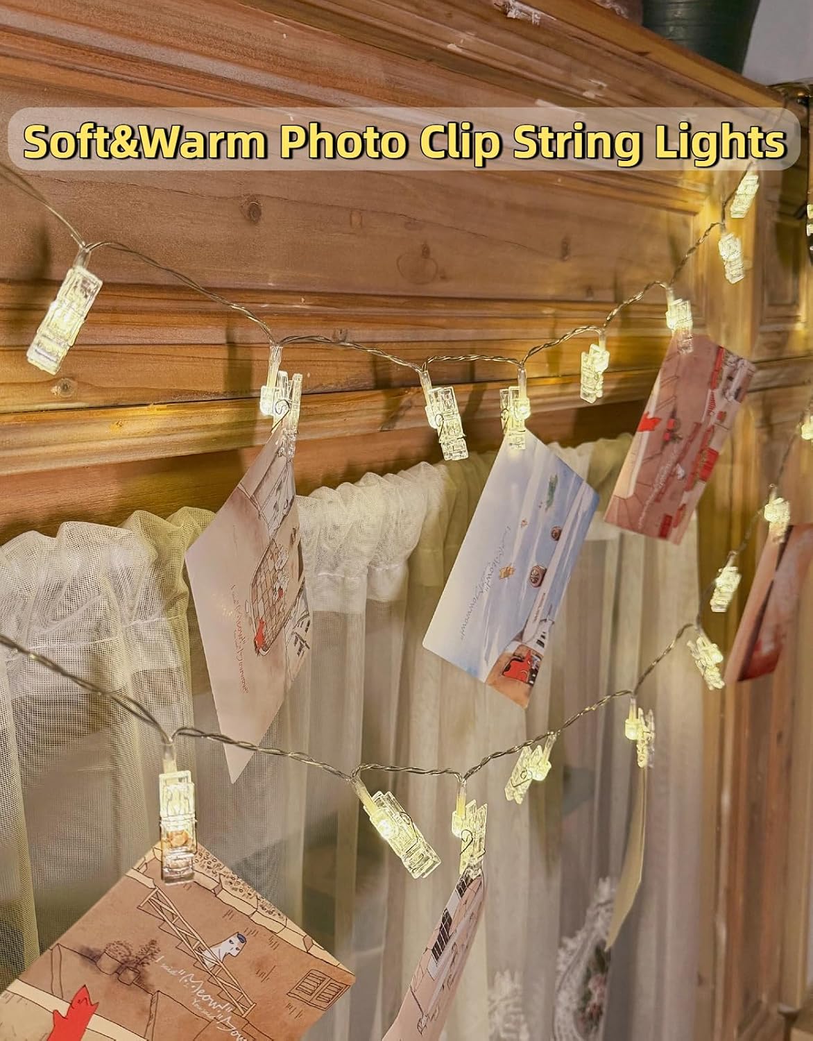 Photo String with Clips 20 LEDs Battery Operated Room Decorations Twinkle Photo Clips String Light for Bedroom Wall Christmas Party Wedding Birthday Classroom, Warm White